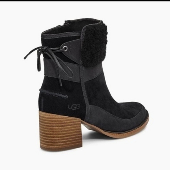 Ugg Kirke Suede Brushed Leather Shearling Stacked Heel Bootie Black Size 9 #458 - Picture 3 of 14